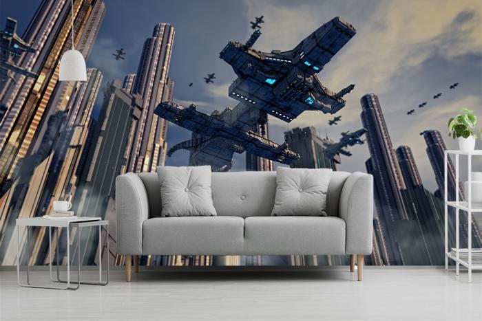 Fototapete futuristische Alienstadt mit Raumschiffen