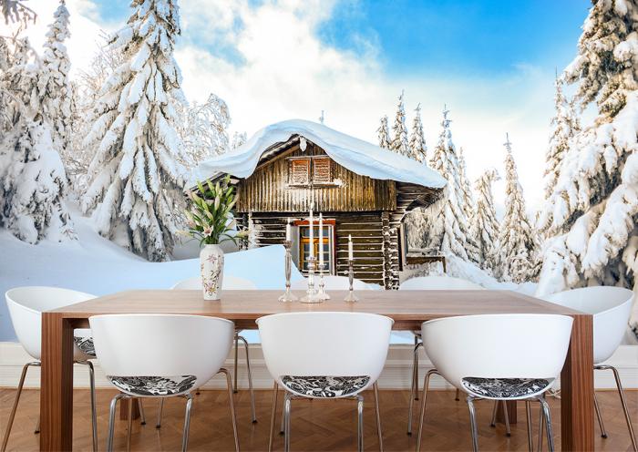 Fototapete Holzhütte in Schnee in den Bergen