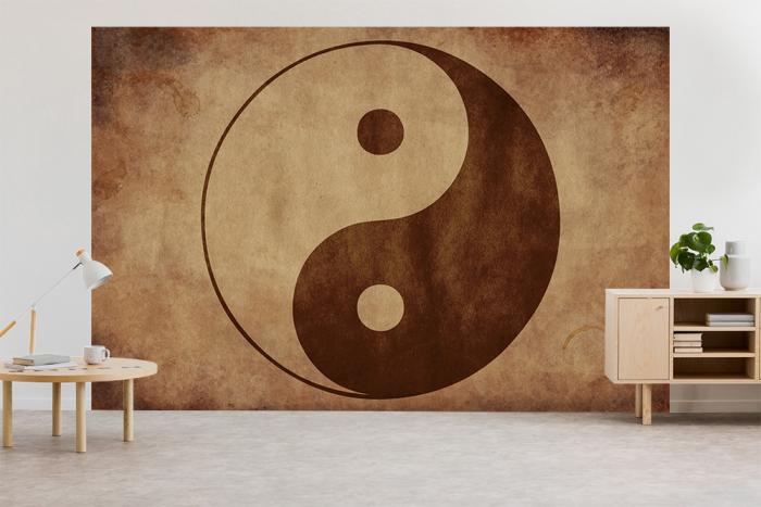 Fototapete Ying und Yang Symbol auf im braunen Vintage-Stil