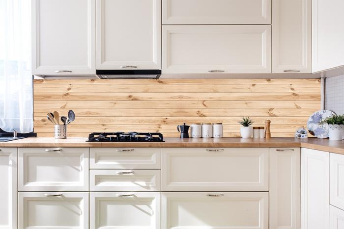 Küchenrückwand mit Motiv – Helle Holzleisten