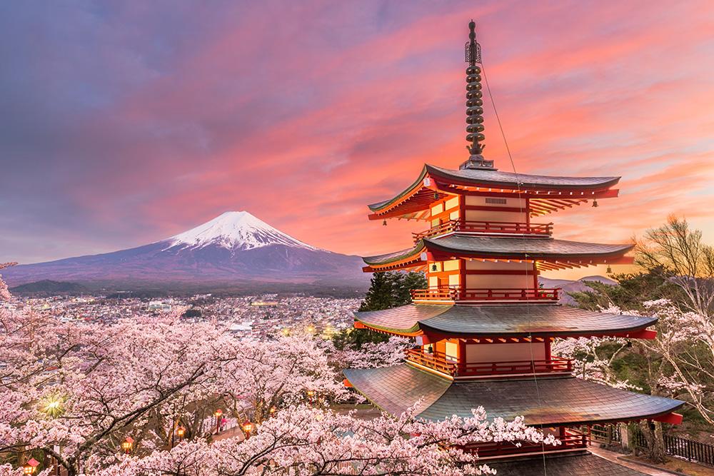 Fototapete der Fuji Vulkan und eine Pagode in Japan