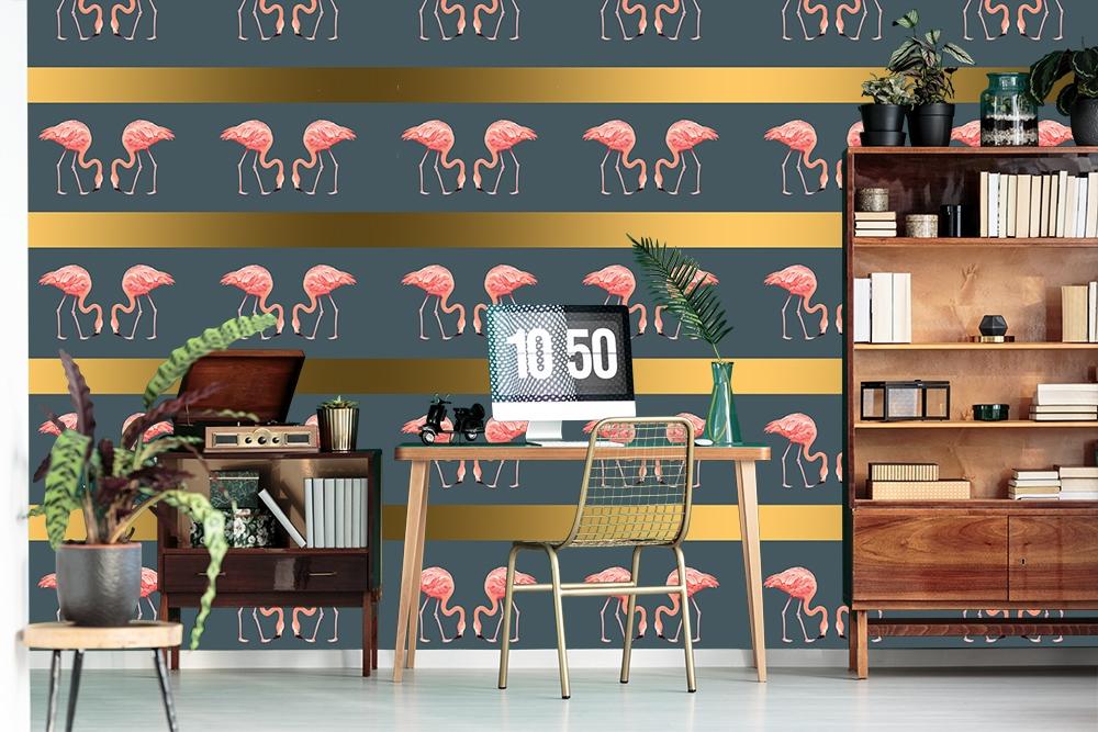 Muster-Fototapete mit Flamingomuster und goldenen Streifen