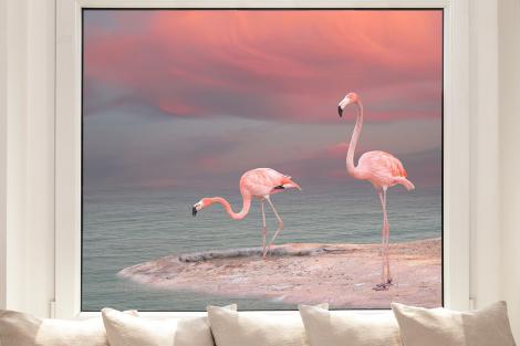 Fensterfolie mit Flamingos am See